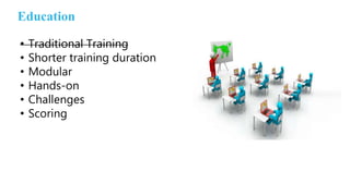 Education
• Traditional Training
• Shorter training duration
• Modular
• Hands-on
• Challenges
• Scoring
 