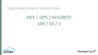 Seguridad esta en desventaja
DEV / OPS / SECURITY
100 / 10 / 1
 