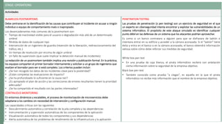 STAGE: OPERATIONS
Actividades
BLAMELESS POSTMORTEMS
Debe centrarse en la identificación de las causas que contribuyen al incidente sin acusar a ningún
individuo o equipo de comportamiento malo o inapropiado.
Los desencadenantes más comunes de la postmortem son:
• Tiempo de inactividad visible para el usuario o degradación más allá de un determinado
umbral
• Pérdida de datos de cualquier tipo
• Intervención de un ingeniero de guardia (reversión de la liberación, redireccionamiento del
tráfico, etc.)
• Un tiempo de resolución por encima de algún umbral
• Un fallo de supervisión (que suele implicar la detección manual de incidentes)
La redacción de un postmortem también implica una revisión y publicación formal. En la práctica,
los equipos comparten el primer borrador internamente y solicitan a un grupo de ingenieros que
evalúen el borrador para ver si está completo. Los criterios pueden incluir:
• ¿Se han recogido los datos de los incidentes clave para la posteridad?
• ¿Están completas las evaluaciones de impacto?
• ¿Se ha profundizado lo suficiente en la causa raíz?
• ¿Es apropiado el plan de acción y las correcciones de errores resultantes tienen la prioridad
adecuada?
• ¿Se ha compartido el resultado con las partes interesadas?
CONTINUOUS MONITORING
En entornos dinámicos y escalables, el proceso de monitorización de microservicios debe
adaptarse a los cambios sin necesidad de intervención y configuración manual.
Las capacidades críticas son las siguientes
• Descubrimiento automático y correlación de la pila completa y las dependencias
• Instrumentación y supervisión automáticas de los componentes de la aplicación
• Visualización automática de todos los componentes y sus dependencias
• Alerta automática de los problemas de rendimiento de la infraestructura y la aplicación
PENETRATION TESTING
Las pruebas de penetración (o pen testing) son un ejercicio de seguridad en el que
un experto en ciberseguridad intenta encontrar y explotar las vulnerabilidades de un
sistema informático. El propósito de este ataque simulado es identificar cualquier
punto débil en las defensas de un sistema que los atacantes podrían aprovechar.
Es como si un banco contratara a alguien para que se disfrazara de ladrón e
intentara entrar en su edificio y acceder a la cámara acorazada. Si el "ladrón" tiene
éxito y entra en el banco o en la cámara acorazada, el banco obtendrá información
valiosa sobre cómo debe reforzar sus medidas de seguridad.
White box pen test
• En una prueba de caja blanca, el pirata informático recibirá con antelación
cierta información sobre la seguridad de la empresa objetivo.
Black box pen test
• También conocida como prueba "a ciegas", es aquella en la que el pirata
informático no recibe más información que el nombre de la empresa objetivo.
 