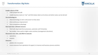 13A N C I L L A . i o
Transformation: Big Rules
Enable culture of TRY:
1. make people feel safe
2. enable business teams to “see” and think about what can be done and where value can be derived
Use technology to:
1. show technology to start a discussion to show value
2. drive continuous improvement
3. drive competitive advantage
Give back time: ultimate resource
1. find multi-step brute force processes, automate until frictionless
2. key enabler: time used on higher value activities (management discretion)
Disconnect cost, time, and effort to execute:
1. operations
2. projects
Outcome:
1. platform for innovation
2. move resources from operations & support, to revenue and business process activities
 
