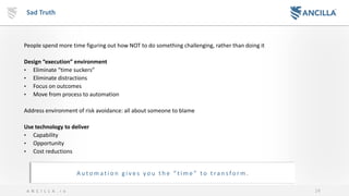 24A N C I L L A . i o
Sad Truth
People spend more time figuring out how NOT to do something challenging, rather than doing it
Design “execution” environment
• Eliminate “time suckers”
• Eliminate distractions
• Focus on outcomes
• Move from process to automation
Address environment of risk avoidance: all about someone to blame
Use technology to deliver
• Capability
• Opportunity
• Cost reductions
A u t o m a t i o n g i v e s y o u t h e “ t i m e ” t o t ra n s fo r m .
 