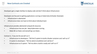 41A N C I L L A . i o
New Contracts are Created
Developers get a single interface to deploy code and don’t think about infrastructure
Developers are focused on getting applications running on Kubernetes & Docker (Example)
• Infrastructure is abstracted
• Infrastructure does not have to think about individual team
Infrastructure provides abstracted compute & resources
• Infrastructure has one job - keep Kubernetes running
• Make K8 run faster and everything runs faster...
Contract is: if you do this we will run it
• Infrastructure to developers: “Tell the CI system to build a Docker container and I will run it”
• CI system to developers: “Tell me what to build/test and I will do it”
• Infrastructure to CI system: “Tell me when a build is ready and I will run it”
 