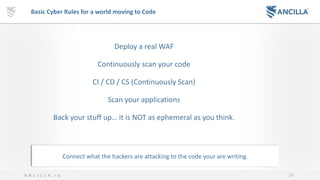 55A N C I L L A . i o
Basic Cyber Rules for a world moving to Code
Deploy a real WAF
Continuously scan your code
CI / CD / CS (Continuously Scan)
Scan your applications
Back your stuff up… it is NOT as ephemeral as you think.
Connect what the hackers are attacking to the code your are writing.
 