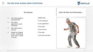 68A N C I L L A . i o
THE ONE SLIDE: BUBBLE WRAP EVERYTHING
Bubble wrap:
▪ your enterprise
▪ your applications
▪ Your code
▪ your services
▪ Your data
▪ your team members
Don’t let them hurt themselves….
▪ Don’t allow people to
hurt themselves
▪ Don’t allow
applications to hurt
themselves
▪ Don’t allow code to
hurt you
▪ Attacks are changing
to fast – anything you
build “static” is waste
of money
The Solution
 