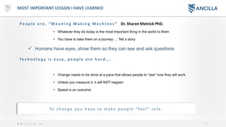 7A N C I L L A . i o
MOST IMPORTANT LESSON I HAVE LEARNED
P e o p l e a r e , “ M e a n i n g M a k i n g M a c h i n e s ” Dr. Sharon Melnick PhD.
• Whatever they do today is the most important thing in the world to them
• You have to take them on a journey…. Tell a story
✓ Humans have eyes, show them so they can see and ask questions
Te c h n o l o g y i s e a s y, p e o p l e a r e h a r d … .
• Change needs to be done at a pace that allows people to “see” how they will work
• Unless you measure it, it will NOT happen
• Speed is an outcome
To c h a n g e y o u h a v e t o m a ke p e o p l e ” fe e l ” s a fe .
 