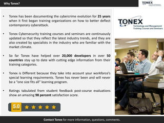 • Tonex has been documenting the cybercrime evolution for 25 years
when it first began training organizations on how to better deflect
contemporary cyberattack.
• Tonex Cybersecurity training courses and seminars are continuously
updated so that they reflect the latest industry trends, and they are
also created by specialists in the industry who are familiar with the
market climate.
• So far Tonex have helped over 20,000 developers in over 50
countries stay up to date with cutting edge information from their
training categories.
• Tonex is Different because they take into account your workforce’s
special learning requirements. Tonex has never been and will never
be a “one size fits all” learning program.
• Ratings tabulated from student feedback post-course evaluations
show an amazing 98 percent satisfaction score.
Contact Tonex for more information, questions, comments.
Why Tonex?
 
