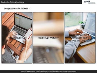 DevSecOps Training Bootcamp
https://www.tonex.com/training-courses/devsecops-training-bootcamp/
Subject areas in thumbs :
How to DevSecOps DevSecOps Maturity
Risk Management
Framework (RMF),
DevOps and DevSecOps
 