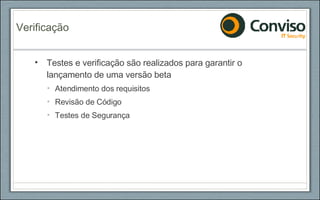Testes e verificação são realizados para garantir o lançamento de uma versão beta Atendimento dos requisitos Revisão de Código Testes de Segurança Verificação 