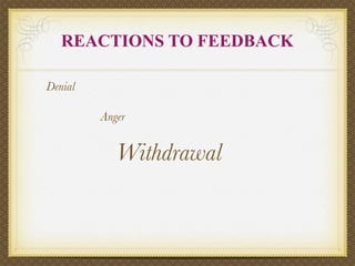 REACTIONS TO FEEDBACK

Denial

         Anger


            Withdrawal
 