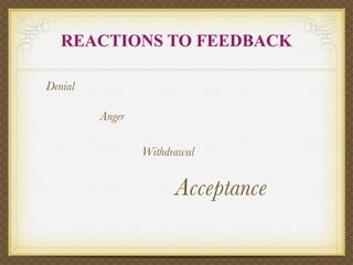 REACTIONS TO FEEDBACK

Denial

         Anger

                 Withdrawal


                       Acceptance
 