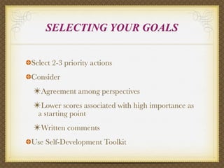 SELECTING YOUR GOALS


Select 2-3 priority actions
Consider
✴Agreement among perspectives
✴Lower scores associated with high importance as
  a starting point
✴Written comments
Use Self-Development Toolkit
 