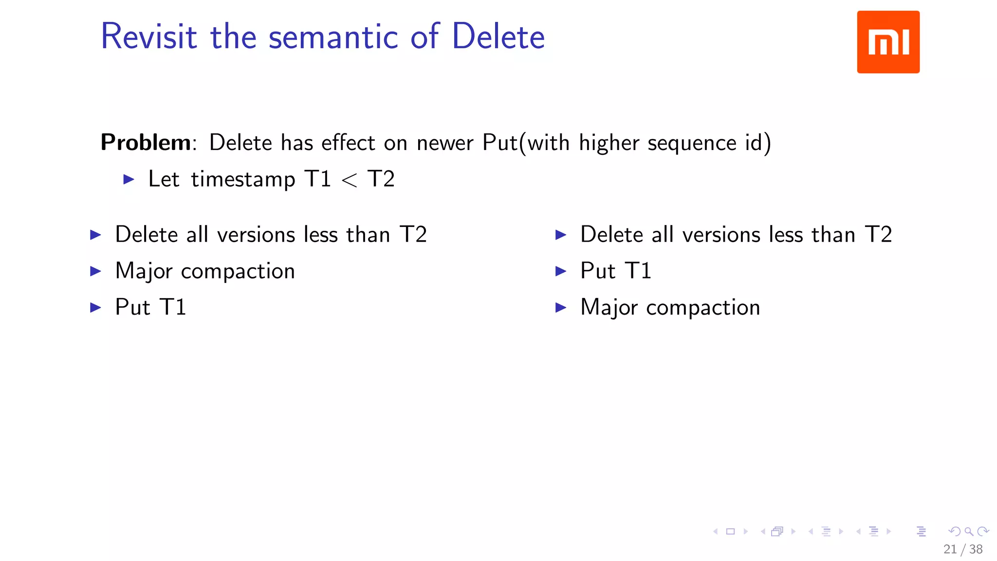 .....
.
....
.
....
.
.....
.
....
.
....
.
....
.
.....
.
....
.
....
.
....
.
.....
.
....
.
....
.
....
.
.....
.
....
.
.....
.
....
.
....
.
Revisit the semantic of Delete
Problem: Delete has eﬀect on newer Put(with higher sequence id)
▶ Let timestamp T1 < T2
▶ Delete all versions less than T2
▶ Major compaction
▶ Put T1
▶ Delete all versions less than T2
▶ Put T1
▶ Major compaction
T1 vs. Nothing
21 / 38
 