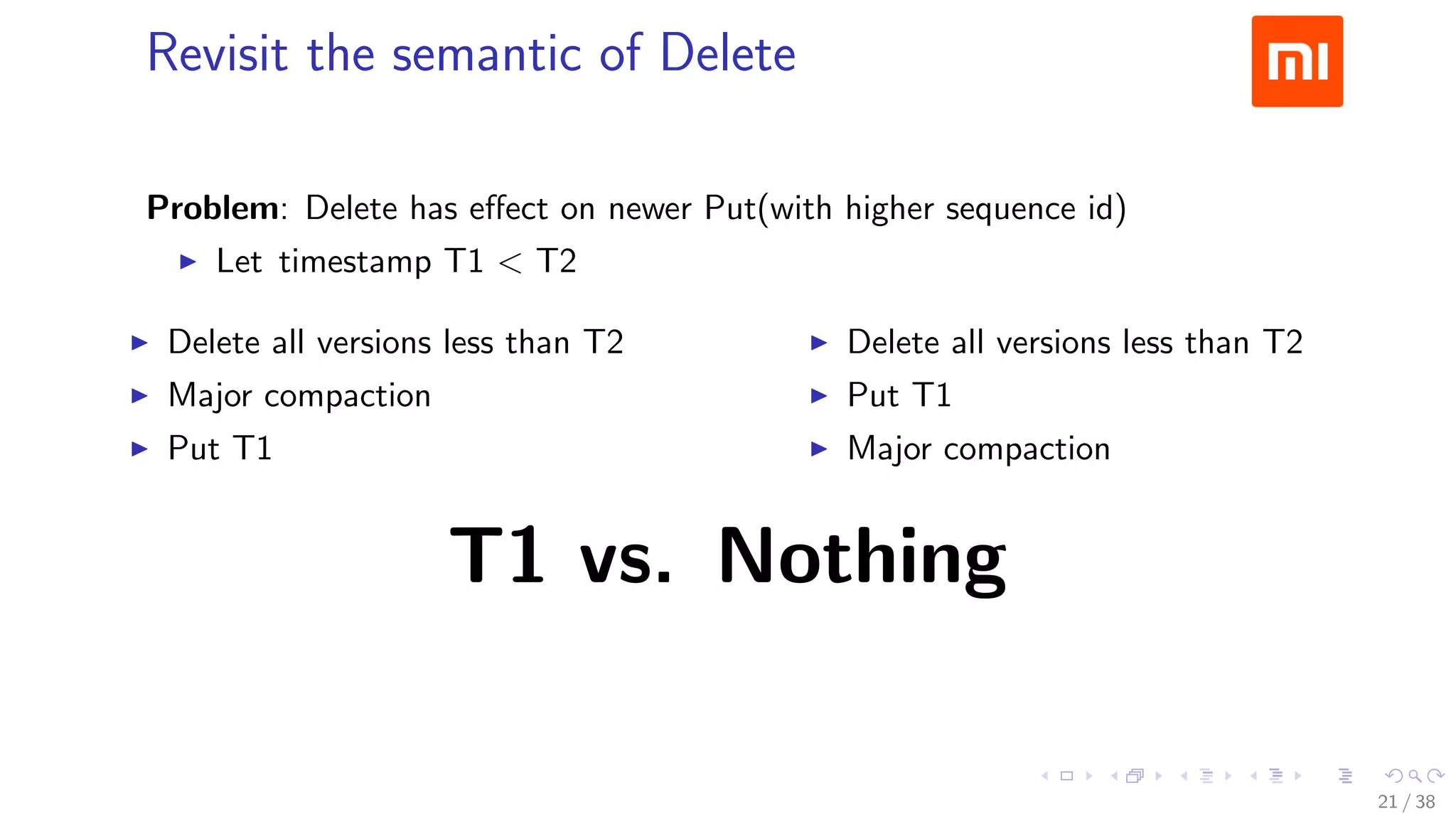 .....
.
....
.
....
.
.....
.
....
.
....
.
....
.
.....
.
....
.
....
.
....
.
.....
.
....
.
....
.
....
.
.....
.
....
.
.....
.
....
.
....
.
Revisit the semantic of Delete
Problem: Delete has eﬀect on newer Put(with higher sequence id)
▶ Let timestamp T1 < T2
▶ Delete all versions less than T2
▶ Major compaction
▶ Put T1
▶ Delete all versions less than T2
▶ Put T1
▶ Major compaction
T1 vs. Nothing
21 / 38
 