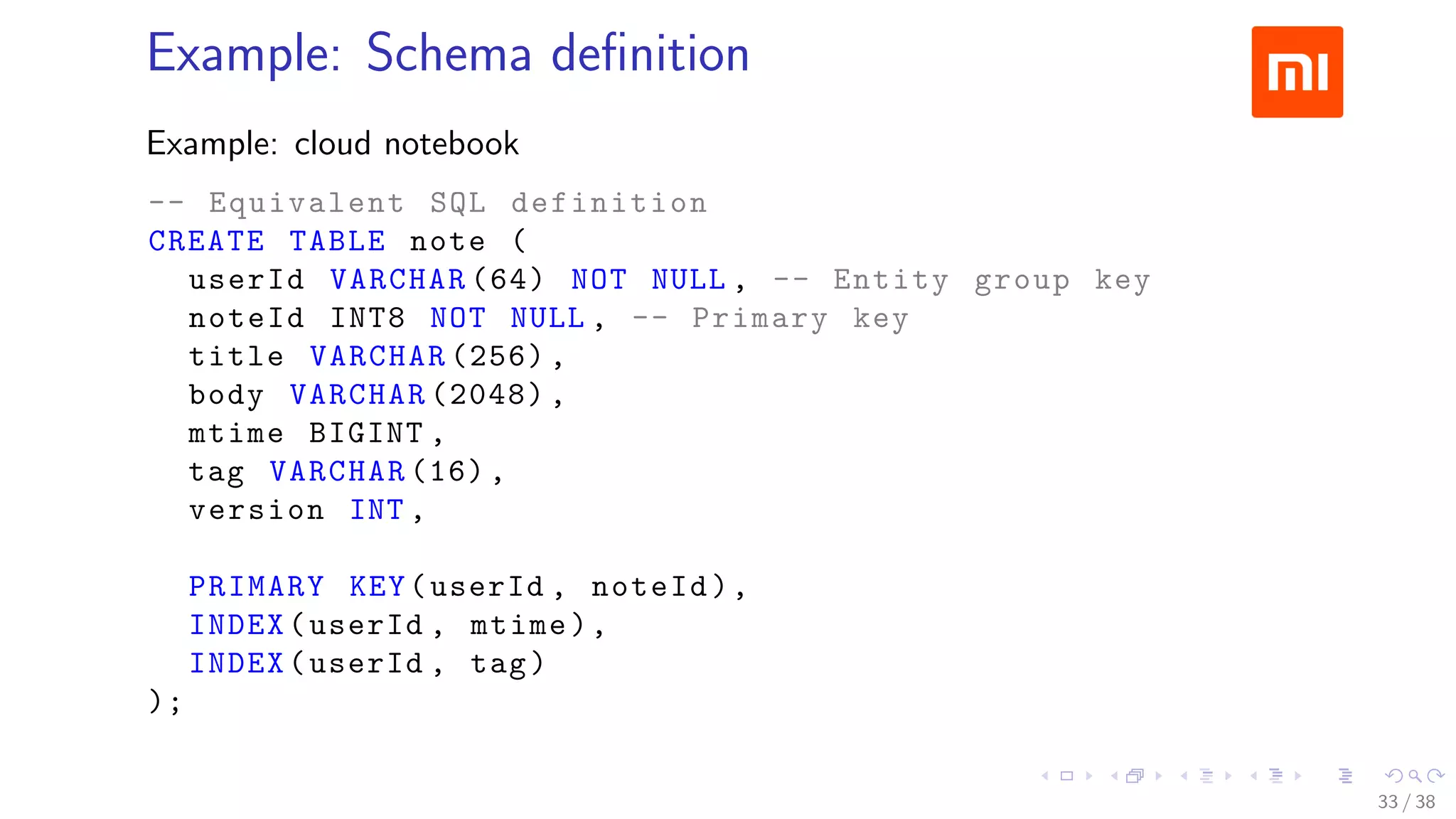 .....
.
....
.
....
.
.....
.
....
.
....
.
....
.
.....
.
....
.
....
.
....
.
.....
.
....
.
....
.
....
.
.....
.
....
.
.....
.
....
.
....
.
Example: Schema deﬁnition
Example: cloud notebook
-- Equivalent SQL definition
CREATE TABLE note (
userId VARCHAR (64) NOT NULL , -- Entity group key
noteId INT8 NOT NULL , -- Primary key
title VARCHAR (256) ,
body VARCHAR (2048) ,
mtime BIGINT ,
tag VARCHAR (16),
version INT ,
PRIMARY KEY(userId , noteId),
INDEX(userId , mtime),
INDEX(userId , tag)
);
33 / 38
 