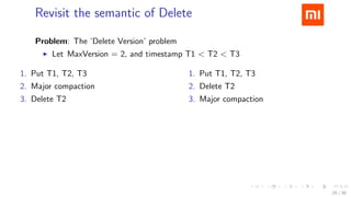 .....
.
....
.
....
.
.....
.
....
.
....
.
....
.
.....
.
....
.
....
.
....
.
.....
.
....
.
....
.
....
.
.....
.
....
.
.....
.
....
.
....
.
Revisit the semantic of Delete
Problem: The ’Delete Version’ problem
▶ Let MaxVersion = 2, and timestamp T1 < T2 < T3
1. Put T1, T2, T3
2. Major compaction
3. Delete T2
1. Put T1, T2, T3
2. Delete T2
3. Major compaction
T3 vs. T3, T1
20 / 38
 