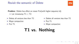.....
.
....
.
....
.
.....
.
....
.
....
.
....
.
.....
.
....
.
....
.
....
.
.....
.
....
.
....
.
....
.
.....
.
....
.
.....
.
....
.
....
.
Revisit the semantic of Delete
Problem: Delete has eﬀect on newer Put(with higher sequence id)
▶ Let timestamp T1 < T2
▶ Delete all versions less than T2
▶ Major compaction
▶ Put T1
▶ Delete all versions less than T2
▶ Put T1
▶ Major compaction
T1 vs. Nothing
21 / 38
 