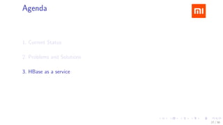 .....
.
....
.
....
.
.....
.
....
.
....
.
....
.
.....
.
....
.
....
.
....
.
.....
.
....
.
....
.
....
.
.....
.
....
.
.....
.
....
.
....
.
Agenda
1. Current Status
2. Problems and Solutions
3. HBase as a service
27 / 38
 