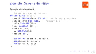.....
.
....
.
....
.
.....
.
....
.
....
.
....
.
.....
.
....
.
....
.
....
.
.....
.
....
.
....
.
....
.
.....
.
....
.
.....
.
....
.
....
.
Example: Schema deﬁnition
Example: cloud notebook
-- Equivalent SQL definition
CREATE TABLE note (
userId VARCHAR (64) NOT NULL , -- Entity group key
noteId INT8 NOT NULL , -- Primary key
title VARCHAR (256) ,
body VARCHAR (2048) ,
mtime BIGINT ,
tag VARCHAR (16),
version INT ,
PRIMARY KEY(userId , noteId),
INDEX(userId , mtime),
INDEX(userId , tag)
);
33 / 38
 