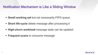Notification Mechanism is Like a Sliding Window
4
 Small working set but not necessarily FIFO queue
 Short life-cycle delete message after processing it
 High-churn workload message state can be updated
 Frequent scans to consume message
 