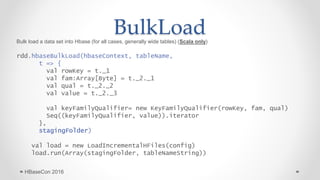 BulkLoadBulk load a data set into Hbase (for all cases, generally wide tables) (Scala only)
rdd.hbaseBulkLoad(hbaseContext...