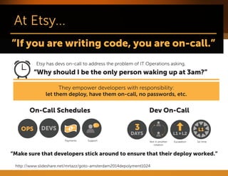 http://www.slideshare.net/mrtazz/goto-amsterdam2014depolyment1024 
Etsy has devs on-call to address the problem of IT Operations asking, 
“Why should I be the only person waking up at 3am?” 
They empower developers with responsibility: 
let them deploy, have them on-call, no passwords, etc. 
Payments 
SupportEscalationNot in another rotation1st time 
On-Call Schedules 
PaymentsSupportEscalationNot in another rotation1st time 
Dev On-Call 
“Make sure that developers stick around to ensure that their deploy worked.”  