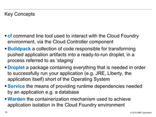 © 2015 IBM Corporation15
Key Concepts
 cf command line tool used to interact with the Cloud Foundry
environment, via the Cloud Controller component
 Buildpack a collection of code responsible for transforming
pushed application artifacts into a ready-to-run droplet, in a
process referred to as ‘staging’
 Droplet a package containing everything that is needed in order
to successfully run your application (e.g. JRE, Liberty, the
application itself) short of the Operating System
 Service the means of providing runtime dependencies needed
by an application e.g. a database
 Warden the containerization mechanism used to achieve
application isolation in the Cloud Foundry environment
 