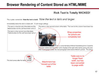 Browser Rendering of Content Stored as HTML/MIME Attachment has moved out of the table Wrap properties for picture are completely lost Table size is no longer fixed width, but has been converted to page width 