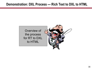 Demonstration: DXL Process — Rich Text to DXL to HTML Overview of the process for RT to DXL to HTML 