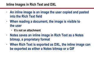 Inline Images in Rich Text and DXL An inline image is an image the user copied and pasted into the Rich Text field When reading a document, the image is visible to the user It’s not an attachment Notes saves an inline image in Rich Text as a Notes bitmap, a proprietary format When Rich Text is exported as DXL, the inline image can be exported as either a Notes bitmap or a GIF 