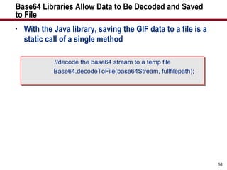 Base64 Libraries Allow Data to Be Decoded and Saved to File With the Java library, saving the GIF data to a file is a static call of a single method //decode the base64 stream to a temp file Base64.decodeToFile(base64Stream, fullfilepath); 