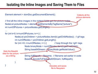 Isolating the Inline Images and Saving Them to Files Element element = domDoc.getDocumentElement(); // find all the inline images in the richtext fields get the picture nodes NodeList pictureNodes = element.getElementsByTagName("picture"); int numOfPictures = pictureNodes.getLength(); … for (int k=0; k<numOfPictures; k++) { NodeList picChildren = pictureNodes.item(k).getChildNodes();  // gif tags int numOfNodes = picChildren.getLength(); for (int i=0; i<numOfNodes; i++) {  // loop through the <gif> tags Node binaryNode = numOfNodes.item(i).getFirstChild(); String base64Stream = binaryNode.getNodeValue(); … String fullfilepath = filename;  // filename set earlier in code Base64.decodeToFile(base64Stream, fullfilepath);  } } Collects all the picture elements Gets the Base64 data for the picture as a String Decodes and saves file to filesystem 