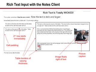 Rich Text Input with the Notes Client Image floats right of text 2 nd  row starts immediately Table borders of varying thickness Cell padding Picture caption 