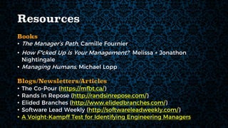 Resources
Books
• The Manager’s Path, Camille Fournier
• How F*cked Up Is Your Management? Melissa + Jonathon
Nightingale
• Managing Humans, Michael Lopp
Blogs/Newsletters/Articles
• The Co-Pour (https://mfbt.ca/)
• Rands in Repose (http://randsinrepose.com/)
• Elided Branches (http://www.elidedbranches.com/)
• Software Lead Weekly (http://softwareleadweekly.com/)
• A Voight-Kampff Test for Identifying Engineering Managers
 