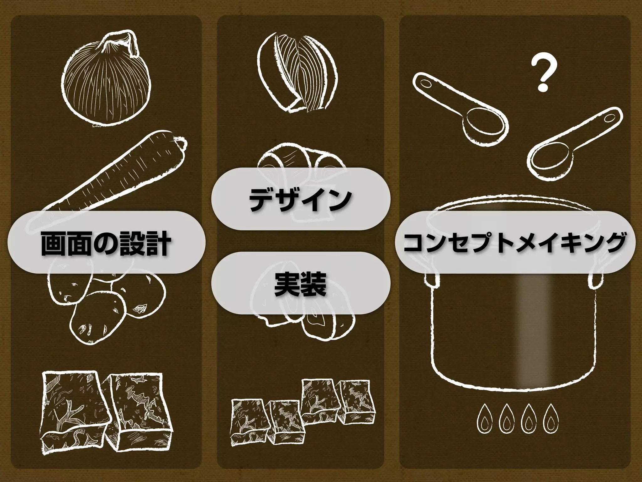 ？

        デザイン
画面の設計          コンセプトメイキング
         実装
 