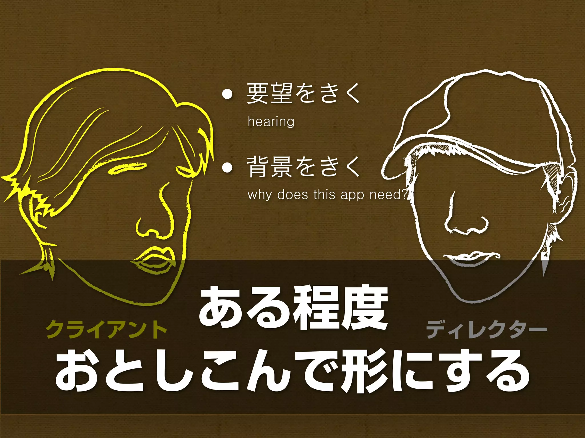 • 要望をきく
       hearing



      • 背景をきく
       why does this app need?




クライアント
       ある程度 ディレクター
おとしこんで形にする
 