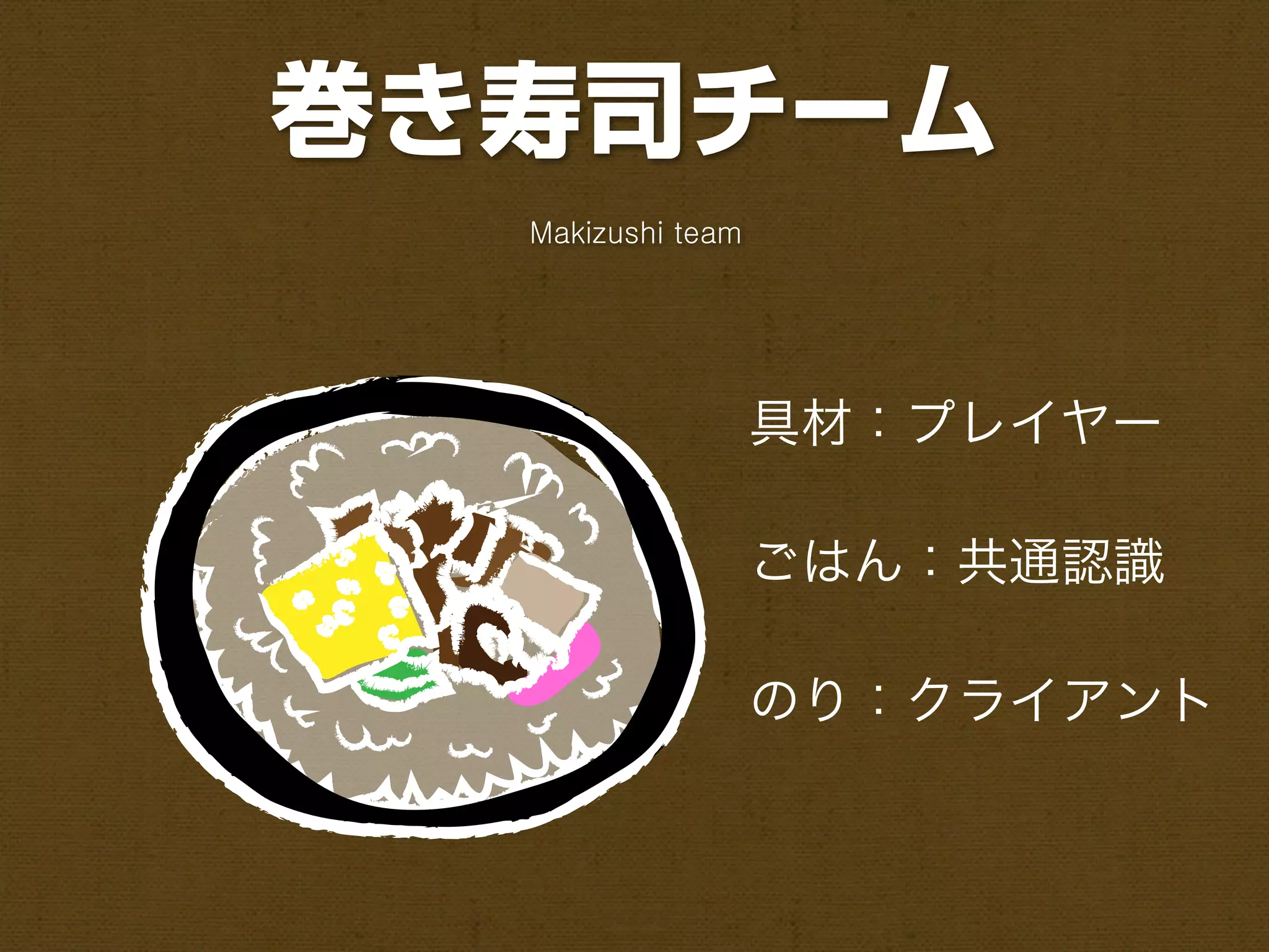 巻き寿司チーム
  Makizushi team




                   具材：プレイヤー

                   ごはん：共通認識

                   のり：クライアント
 