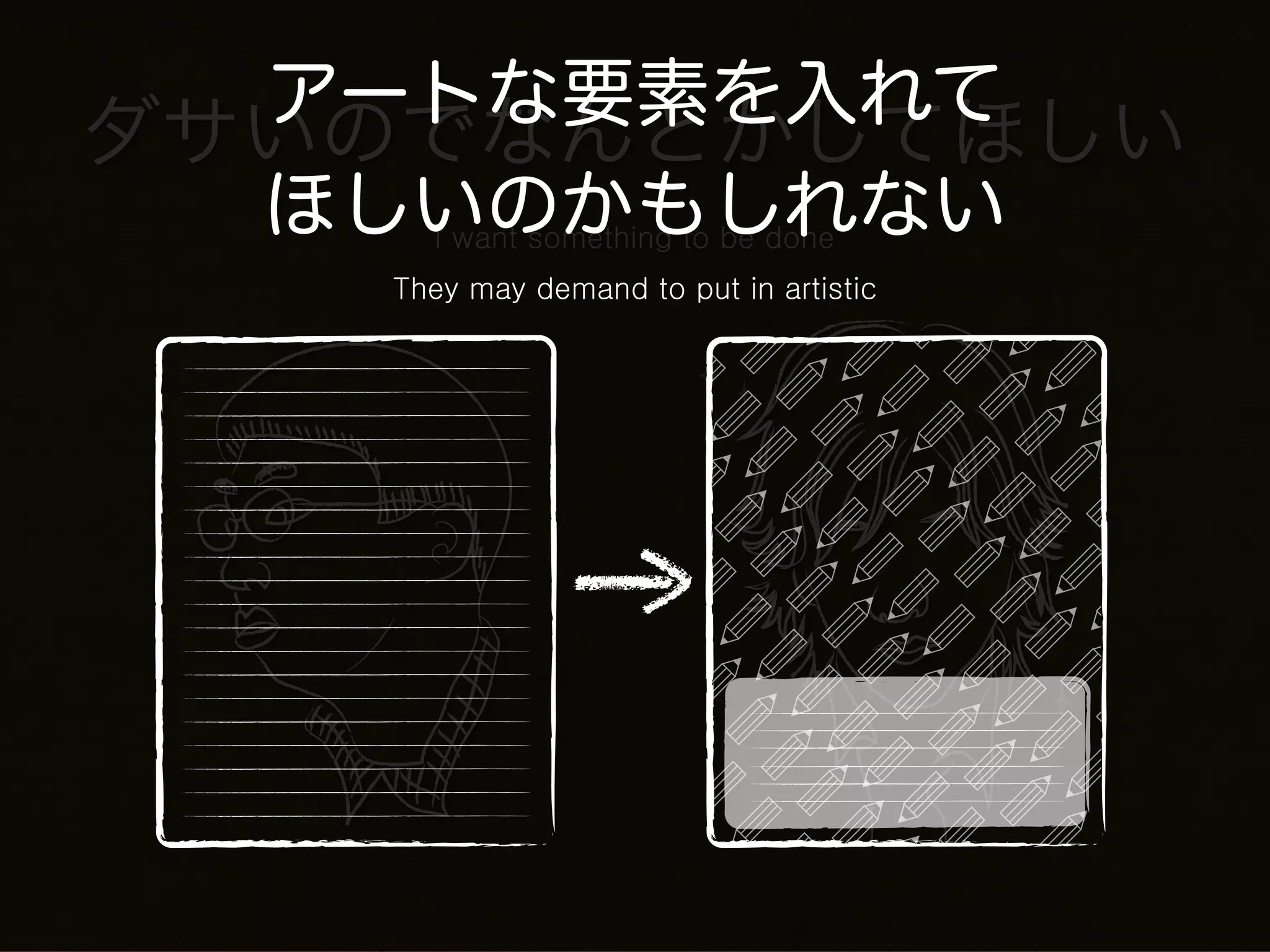 アートな要素を入れて
ダサいのでなんとかしてほしい
  ほしいのかもしれない
     I want something to be done
   They may demand to put in artistic
 