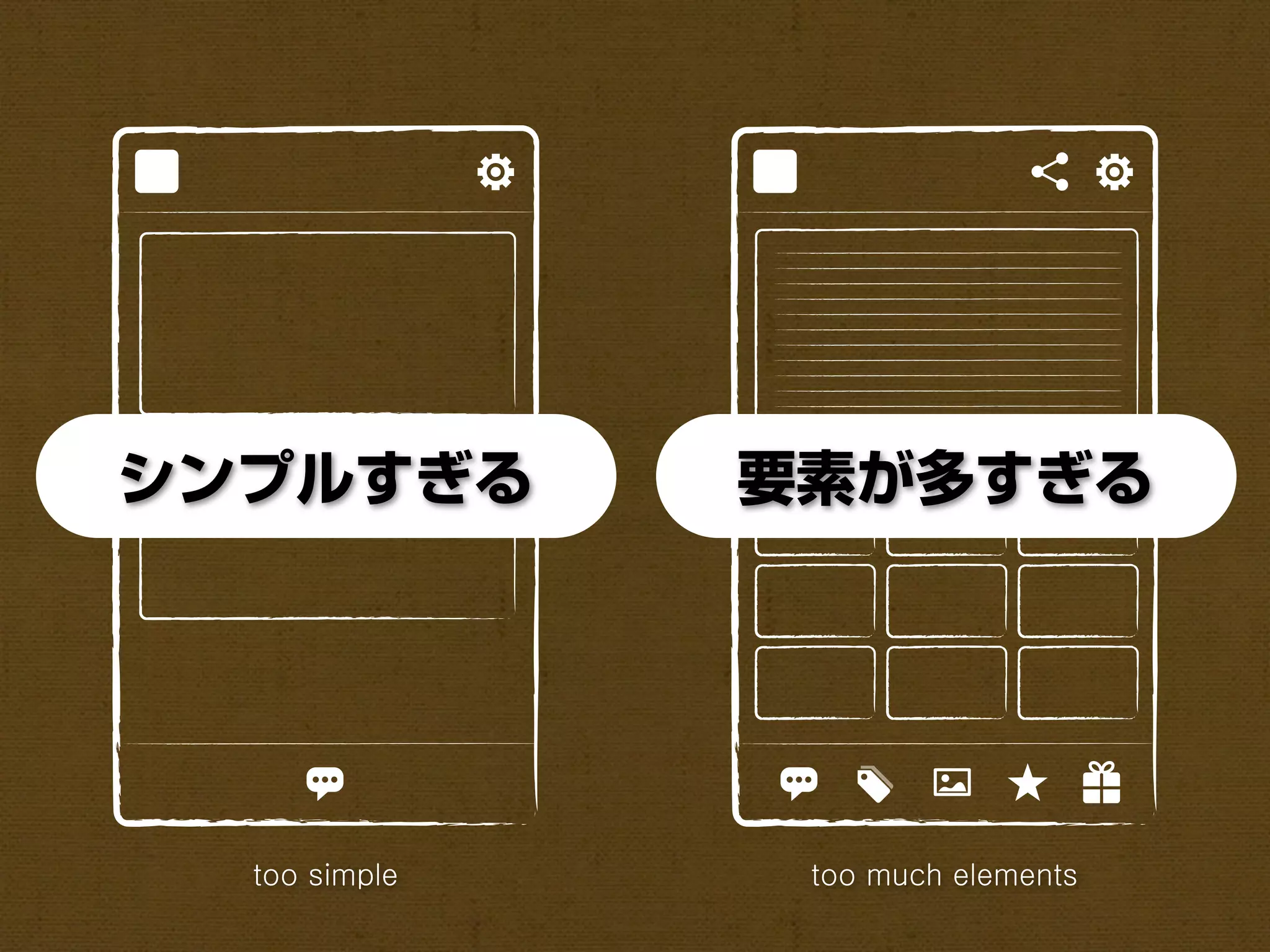 シンプルすぎる        要素が多すぎる




  too simple    too much elements
 