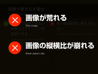 画像で書きだす場合
publishing as images

              画像が荒れる
 コードで表現できない                       高い画面密度に耐えられ
              Dirty image
 複雑なグラフィックを                       ない
 再現できる                            can not proof against high density

  express complicated graphics


              画像の縦横比が崩れる
  which are not expressed by
  code
                                  縦横比に注意が必要
                                  should pay attention to aspect rate
              Break aspect rate
 