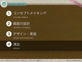 •
1 コンセプトメイキング
    concept making



•
2 画面の設計
    architect of design



•
3 デザイン・実装
    design and implement



•
4 演出
    effects
 