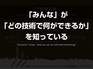 T字型人材
                「みんな」が
        general knowledge which the team members should know




「どの技術で何ができるか」
 • 一般教養があり、ベースもそこそこ高い
  They have general knowledge, and high potential


       を知っている
 • そして、何かひとつ以上のことに秀でている
  And they have outstanding ability of something
        “Everyone” knows “what we can do with what technology”
             on
 illu e
         ati
 int hic
        fac
     str
     ap
     er
  gr




                20歳のときに知っておきたかったこと スタンフォード大学集中講義（ティナ・シーリグ）
 