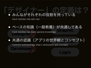 「デザイナー」の定義は？
 •みんながそれぞれの役割を持っている
     Each member has ownthe definition of “Designer?”
                  What’s role



 • ベースの知識（一般教養）が共通してある
               Graphic
     Each member has basic general knowledge
     Designer
 • 共通の認識（アプリの世界観とコンセプト）
               Interface
     Common acknowledge (App’s philosophy and concept)

     Developer
                                                Logic
 
