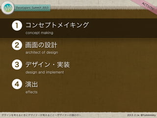 •
1 コンセプトメイキング
    concept making



•
2 画面の設計
    architect of design



•
3 デザイン・実装
    design and implement



•
4 演出
    effects
 