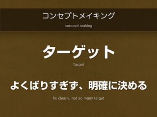 コンセプトメイキング
           concept making




   ターゲット
                Target




よくばりすぎず、明確に決める
    fix clearly, not so many target
 