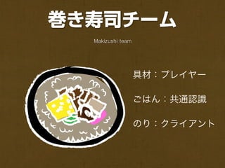 巻き寿司チーム
  Makizushi team




                   具材：プレイヤー

                   ごはん：共通認識

                   のり：クライアント
 