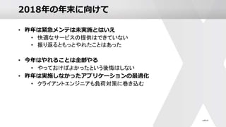2018年の年末に向けて
• 昨年は緊急メンテは未実施とはいえ
• 快適なサービスの提供はできていない
• 振り返るともっとやれたことはあった
• 今年はやれることは全部やる
• やっておけばよかったという後悔はしない
• 昨年は実施しなかったアプリケーションの最適化
• クライアントエンジニアも負荷対策に巻き込む
 