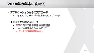 2018年の年末に向けて
• アプリケーションからのアプローチ
• クライアント / サーバー双方からのアプローチ
• インフラからのアプローチ
• 年末に向けて機器調達や回線増強
• サーバー機器のスケールアップ
• これまでの負荷対策のメイン
 