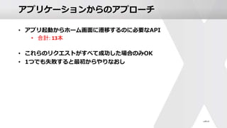 アプリケーションからのアプローチ
• アプリ起動からホーム画面に遷移するのに必要なAPI
• 合計: 13本
• これらのリクエストがすべて成功した場合のみOK
• 1つでも失敗すると最初からやりなおし
 