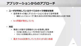 アプリケーションからのアプローチ
• ユーザが所有しているすべてのキャラ情報を取得
• 全所有キャラ毎にアソシエーションに任せて全件取得
• 機能によっては1ユーザで最大5体のみ所持可能な情報も最大4200体で検索
• N+1問題が発生していた
• 対応
• 事前に付随する情報のリストを取得し保持
• その後に取得したユーザが所持する全キャラを取得
• その2つの情報を照らし合わせてつなぎ合わせる
• 最大で4200回発行していたクエリが1回に削減
 