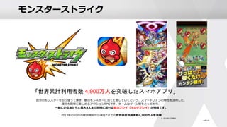 モンスターストライク
自分のモンスターを引っ張って弾き、敵のモンスターに当てて倒していくという、スマートフォンの特性を活用した、
誰でも簡単に楽しめるアクションRPGです。ゲームはターン制をとっており、
一緒にいる友だちと最大4人まで同時に遊べる協力プレイ（マルチプレイ）が特長です。
2013年の10月の提供開始から現在※までの世界累計利用者数4,900万人を突破
※ 2018年12月時点
「世界累計利用者数 4,900万人を突破したスマホアプリ」
 